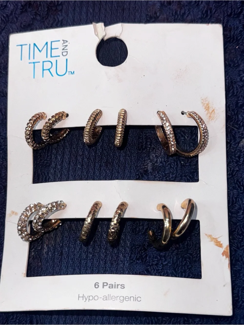Time and Tru Gold-Tone Hoop Earring Set with Rhinestones - 6 Pairs